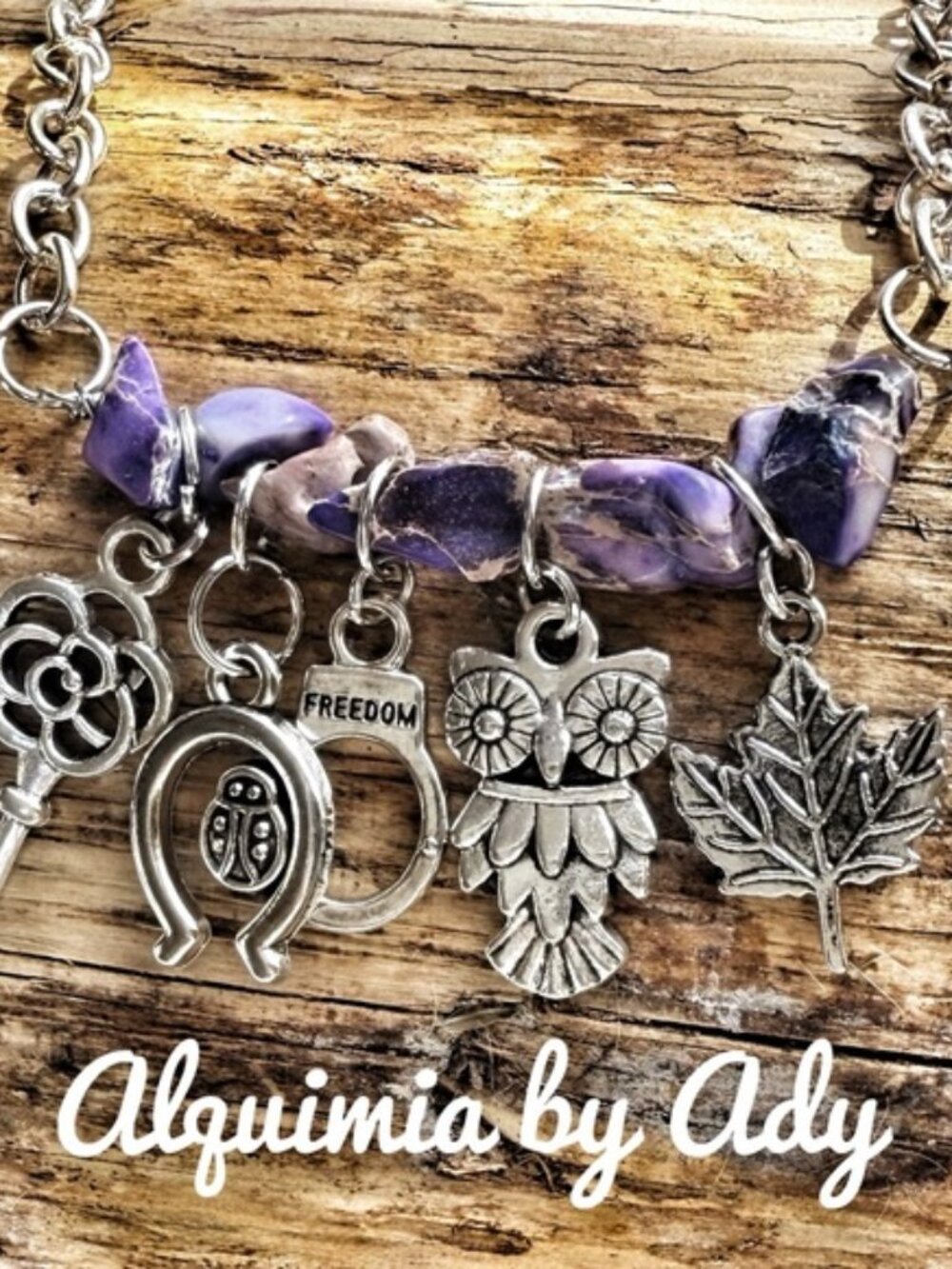 Alquimia Purple Bead Charm Bracelet with Owl, Leaf & Horseshoe Charms